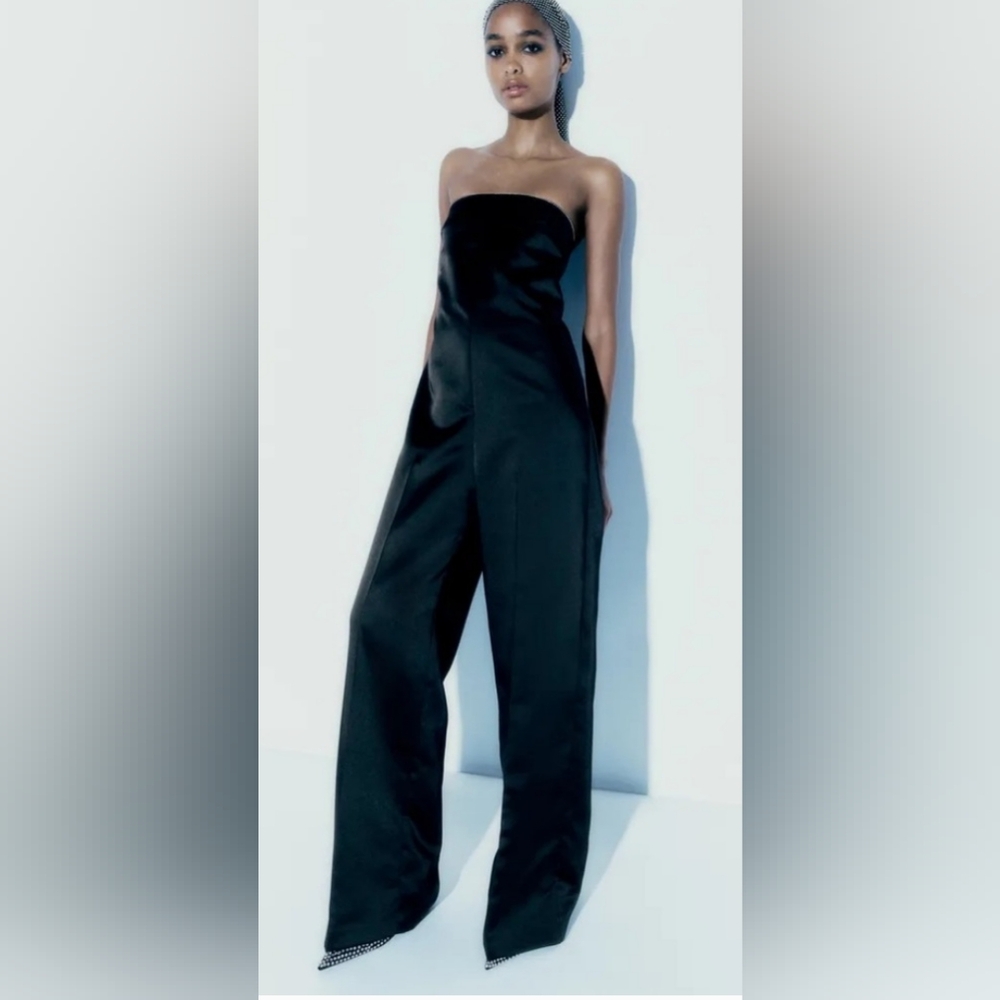 Zara Black Rhinestone Satin Jumpsuit Small
